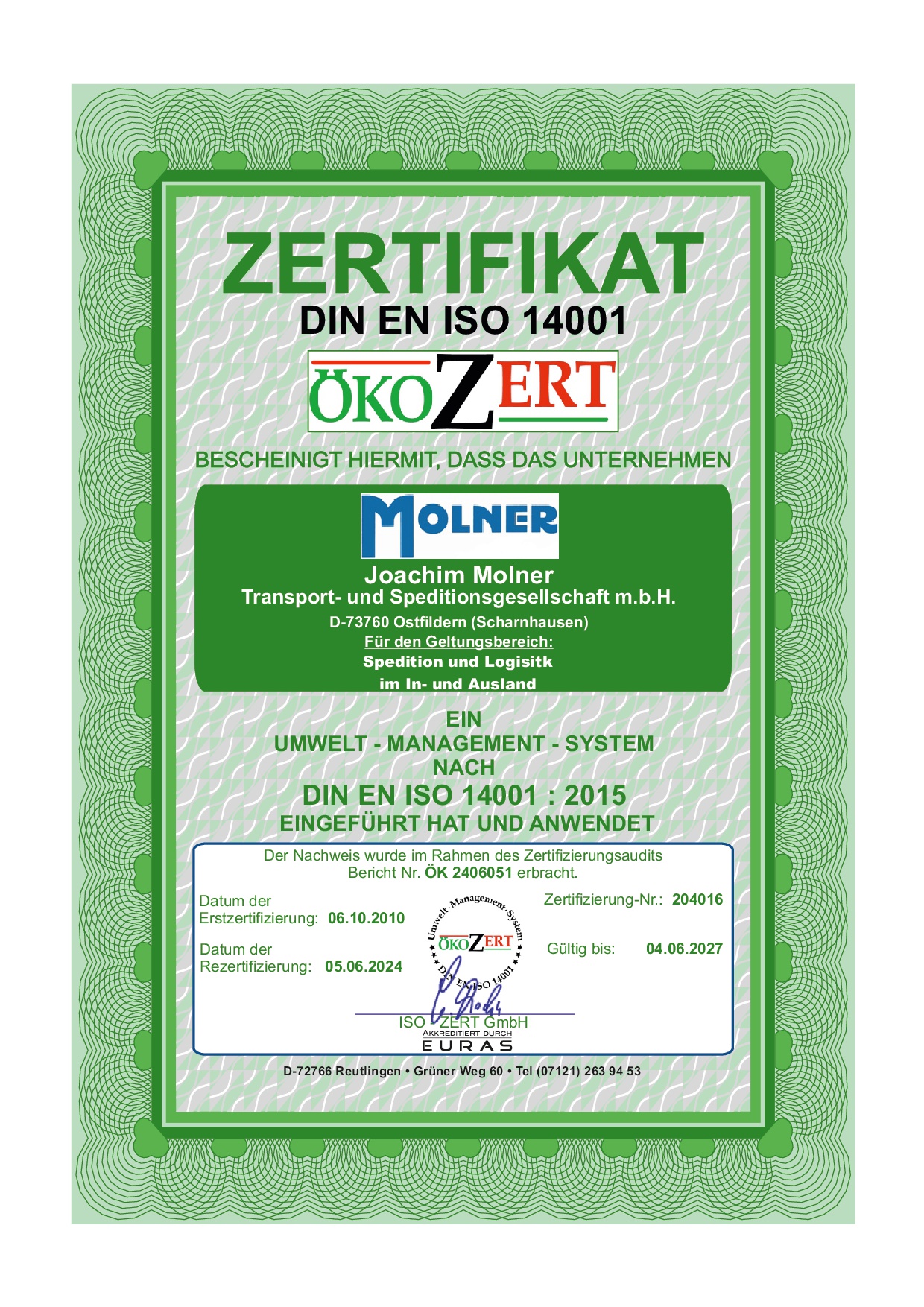 Zertifikat DIN EN ISO 14001, Spedition Molner